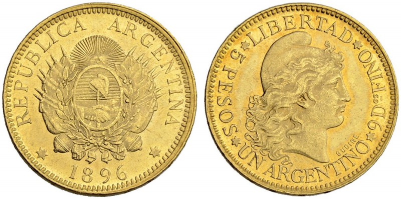 ARGENTINIEN
REPUBLIK. 5 Pesos 1896. 8.06 g. KM 31. Fr. 14. Feine Patina / Nicel...