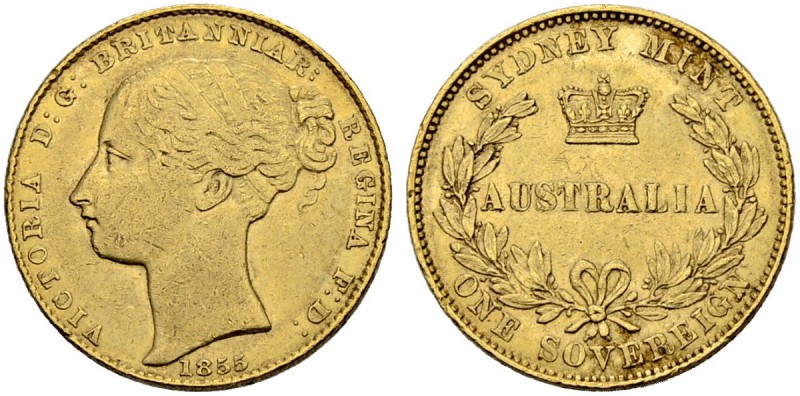 AUSTRALIEN
Victoria, 1837-1901. Sovereign 1855, Sydney. 7.98 g. Schl. 801. Fr. ...