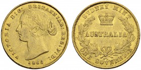 AUSTRALIEN
Victoria, 1837-1901. Sovereign 1866, Sydney. 7.98 g. Schl. 818. Fr. 10. Gutes sehr schön / Good very fine. (~€ 255/~US$ 315)