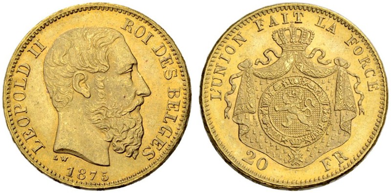 BELGIEN
Königreich. Leopold II. 1865-1909. 20 Francs 1875, Brüssel. 6.45 g. Sch...
