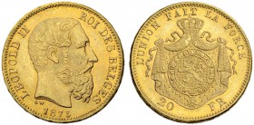 BELGIEN
Königreich. Leopold II. 1865-1909. 20 Francs 1875, Brüssel. 6.45 g. Schl. 23. Fr. 412. Vorzüglich-FDC / Extremely fine-uncirculated. (~€ 205/...
