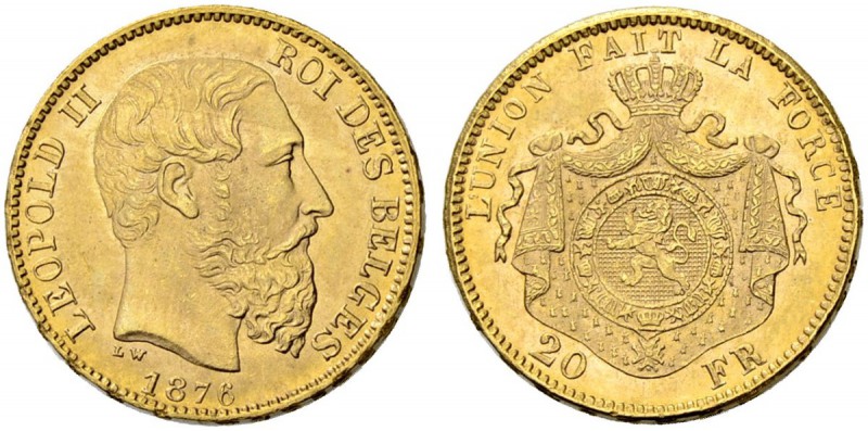 BELGIEN
Königreich. Leopold II. 1865-1909. 20 Francs 1876, Brüssel. 6.46 g. Sch...
