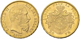 BELGIEN
Königreich. Leopold II. 1865-1909. 20 Francs 1876, Brüssel. 6.46 g. Schl. 24. Fr. 412. Fast FDC / About uncirculated. (~€ 205/~US$ 255)