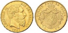 BELGIEN
Königreich. Leopold II. 1865-1909. 20 Francs 1882, Brüssel. 6.45 g. Schl. 27. Fr. 412. Vorzüglich-FDC / Extremely fine-uncirculated. (~€ 205/...