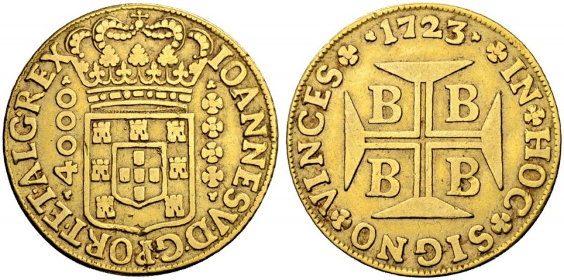 BRASILIEN
João V. 1706-1750. 4000 Reis 1723, Bahia. 10.11 g. Gomes 35.10. Fr. 3...