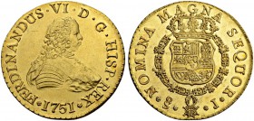 CHILE
Fernando VI. 1746-1759. 8 Escudos 1751, J-Santiago. 27.03 g. Cayon 10871. Fr. 5. Überdurchschnittliche Erhaltung / Extraordinary condition. Vor...