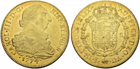 CHILE
Carlos III. 1759-1788. 8 Escudos 1774, DA-Santiago. 26.95 g. Cayon 12860. Fr. 15. Sehr schön-vorzüglich / Very fine-extremely fine. (~€ 855/~US...