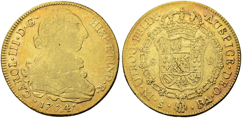 CHILE
Carlos III. 1759-1788. 8 Escudos 1774, DA-Santiago. 26.88 g. Cayon 12860....