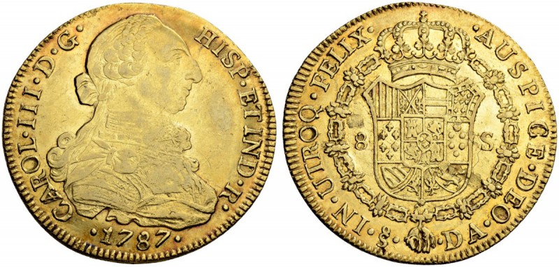 CHILE
Carlos III. 1759-1788. 8 Escudos 1787, DA-Santiago. 26.94 g. Cayon 12997....