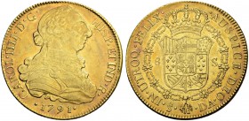 CHILE
Carlos IV. 1788-1808. 8 Escudos 1791, DA-Santiago. Ordinalzahl IIII. 27.04 g. Cayon 14476. Fr. 23. Kleiner Randfehler / Minor edge nick. Stempe...