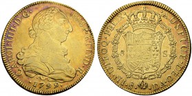 CHILE
Carlos IV. 1788-1808. 8 Escudos 1799, DA-Santiago. 26.98 g. Cayon 14537. Fr. 23. Fast vorzüglich / About extremely fine. (~€ 770/~US$ 945)