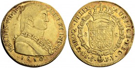 CHILE
Fernando VII. 1808-1821. 8 Escudos 1810, FJ-Santiago. 26.96 g. Cayon 16372. Sehr selten / Very rare. Minimal bearbeitet bei 9 Uhr auf der Vorde...