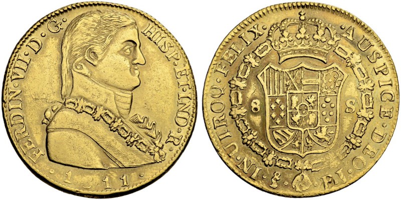 CHILE
Fernando VII. 1808-1821. 8 Escudos 1811, FJ-Santiago. 27.00 g. Cayon 1639...