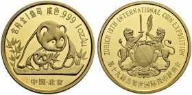 CHINA
Volksrepublik. 100 Yuan 1990. Anlässlich der 19. Internationalen Münzenbörse in Zürich. 31.1 g. Bruce MB 69. Sehr selten. Nur 500 Exemplare gep...