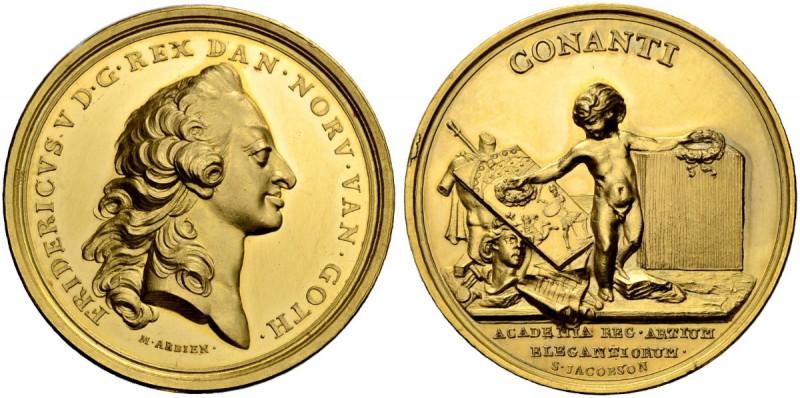 DÄNEMARK
Friedrich V. 1746-1766. Goldmedaille o. J. (1758). Prämienmedaille der...