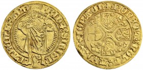 DEUTSCHLAND
Brandenburg-Franken, Markgrafschaft. Friedrich und Sigismund, 1486-1495. Goldgulden o. J., Schwabach. 3.29 g. Slg. Wilmersdörffer 419ff. ...