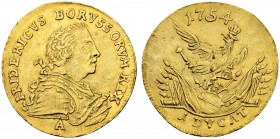 DEUTSCHLAND - Friedrich II.
Friedrich II. 1740-1786. Dukat 1754 A, Berlin. Brustbild im Harnisch mit Hermelin nach rechts, darunter Münzzeichen A. Rv...