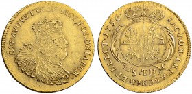 DEUTSCHLAND
Münzen kursächsisch-polnischen Gepräges. Friedrich II. 1740-1786. Mittelaugust d'or (5 Taler) 1756 (geprägt 1758/59), unbestimmte Münzstä...