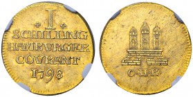 DEUTSCHLAND
Hamburg, Stadt. Schilling 1798. Goldabschlag zu einem Dukaten. Gaedechens 999. NGC MS63. (~€ 685/~US$ 840)