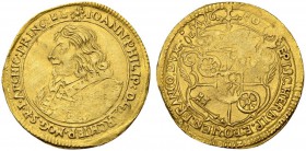DEUTSCHLAND
Mainz, Erzbistum. Johann Philipp von Schönborn, 1647-1673. Dukat 1650, Mainz. 3.40 g. Slg. Walther 293. Fr. 1656. Flaue Stellen / Some we...