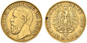 DEUTSCHLAND
Deutsches Kaiserreich. Baden, Grossherzogtum. Friedrich I. 1852-1907. 10 Mark 1876 G, Karlsruhe. 3.90 g. J. 186. Fr. 3756. Sehr schön / V...