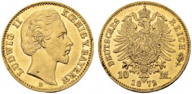 DEUTSCHLAND
Deutsches Kaiserreich. Bayern, Königreich. Ludwig II. 1864-1886. 10 Mark 1872 D, München. 3.97 g. J. 193. KM 500. Fr. 1764. Minimal justi...