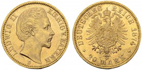 DEUTSCHLAND
Deutsches Kaiserreich. Bayern, Königreich. Ludwig II. 1864-1886. 20 Mark 1874 D, München. 7.97 g. J. 197. KM 504. Fr. 3763. Vorzüglich / ...
