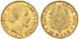 DEUTSCHLAND
Deutsches Kaiserreich. Bayern, Königreich. Ludwig II. 1864-1886. 10 Mark 1874 D, München. 3.98 g. J. 196. KM 503. Fr. 3766. Fast vorzügli...