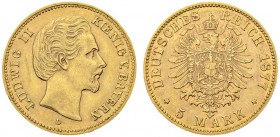 DEUTSCHLAND
Deutsches Kaiserreich. Bayern, Königreich. Ludwig II. 1864-1886. 5 Mark 1877 D, München. 1.98 g. J. 195. KM 506. Fr. 3767. Sehr schön-vor...