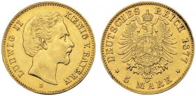 DEUTSCHLAND
Deutsches Kaiserreich. Bayern, Königreich. Ludwig II. 1864-1886. 5 Mark 1877 D, München. 1.98 g. J. 195. KM 506. Fr. 3767. Leicht gereini...
