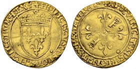 FRANKREICH
Königreich und Republik. François I. 1515-1547. Ecu d'or au soleil o. J. (14.1.1540), Lyon. 3.39 g. Duplessy 771. Fr. 342. Gewellt / Wavy ...