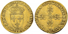FRANKREICH
Königreich und Republik. Charles IX. 1560-1574. Ecu d'or 1562, Lyon. 3.36 g. Duplessy 1057. Fr. 378. Gutes sehr schön / Good very fine. (~...