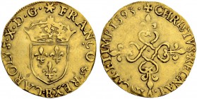 FRANKREICH
Königreich und Republik. Charles X. 1589-1598. Ecu d'or au soleil 1593, Rouen. 3.36 g. Duplessy 1172 A. Fr. 389. Leichte Fassungsspuren / ...
