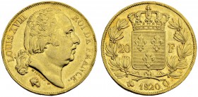 FRANKREICH
Königreich und Republik. Louis XVIII. 1814-1824. 20 Francs 1820 Q, Perpignan. 6.46 g. Gadoury 1028. Schl. 167. Fr. 540. Vorzüglich-FDC / E...