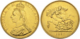GROSSBRITANNIEN
Königreich. Victoria, 1837-1901. 5 Pounds 1887, London. Jubilee head. 39.85 g. Seaby 3864. Schl. 339. Fr. 390. Sehr schön / Very fine...
