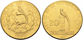 GUATEMALA
Republik. 20 Quetzales 1926. 33.43 g. KM 246. Fr. 48. Kleiner Kratzer / Small scratch. Vorzüglich / Extremely fine. (~€ 1280/~US$ 1580)