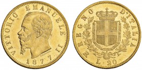 ITALIEN
Königreich. Vittorio Emanuele II. 1859-1878. 20 Lire 1877 R, Rom. 6.45 g. Pagani 466. Schl. 27. Fr. 12. Vorzüglich-FDC / Extremely fine-uncir...