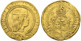 ITALIEN
Antignate. Giovanni Bentivoglio II. 1494-1509. Doppia Ducato o. J. 6.80. MIR 39. Fr. 59 Sehr selten / Very rare. Gestopftes Loch und überarbe...