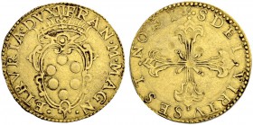 ITALIEN
Florenz. Francesco I. 1574-1587. Scudo d'oro o. J. FRAN.M.MAGN.-.ETRVRIA.DVX II Gekröntes Wappen. Rv. NOBI-S DEI-VIRTV-S EST Lilienkreuz. 3.3...