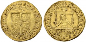 ITALIEN
Mantua. Francesco III. Gonzaga 1540-1550. Scudo d'oro o. J. 3.29 g. MIR 490. Fr. 530. Sehr selten / Very rare. Kleiner Schrötlingsfehler / Mi...