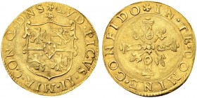ITALIEN
Mirandola. Ludovico Pico II. 1550-1568. Scudo d'oro o. J. 3.31 g. MIR 501. Fr. 752. Gutes sehr schön / Good very fine. (~€ 855/~US$ 1055)