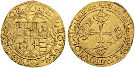 ITALIEN
Neapel / Sizilien. Carlo V. 1519-1556. Scudo d'oro o. J. (1542-1556). 3.22 g. MIR -. Fr. 836. Fast vorzüglich / About extremely fine. (~€ 515...