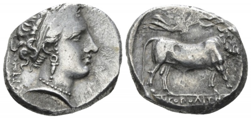 Campania, Neapolis Nomos circa 350-325, AR 18mm., 7.39g. Diademed head of nymph ...