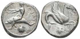 Calabria, Tarentum Nomos circa 465-455, AR 19mm., 7.98g. Oecist riding dolphin l.; below, shell. Rev. Hippocamp r.; below, shell. Vlasto 137 (these di...