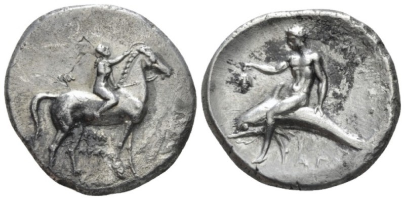 Calabria, Tarentum Nomos circa 302-280, AR 24mm., 7.50g. Youth riding horse r.; ...