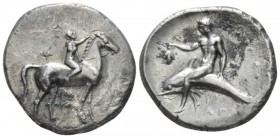 Calabria, Tarentum Nomos circa 302-280, AR 24mm., 7.50g. Youth riding horse r.; holding wreath. Rev. Oecist riding dolphin l., holding bunch of grapes...