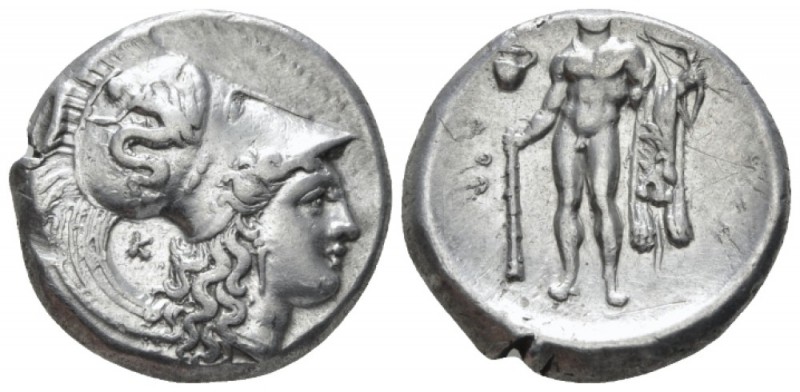 Lucania, Heraklea Nomos circa 330-320, AR 21mm., 7.76g. Head of Athena r., weari...