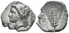 Lucania, Metapontum Nomos circa 330-290, AR 23mm., 7.73g. Head of Demeter l., wearing earring and barley wreath. Rev. Ear of barley, with leaf to l., ...
