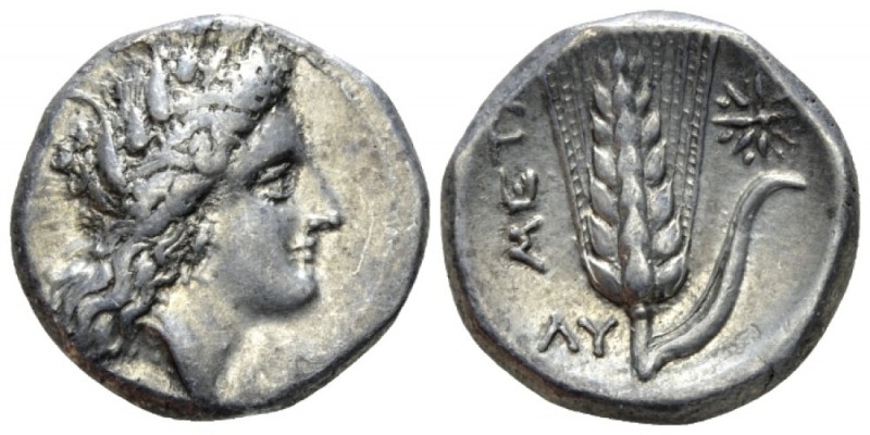 Lucania, Metapontum Nomos circa 330-290, AR 21mm., 7.79g. Head of Demeter r., we...