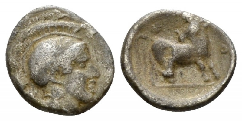 Lucania, Thurium Diobol circa 400-375, AR 10mm., 0.69g. Helmeted head of Athena ...